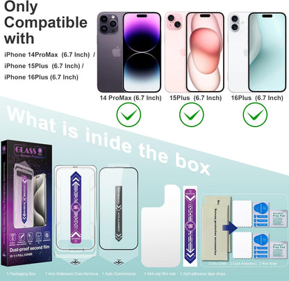2 Pack Screen Protector Tempered Glass for iPhone 16 Plus and iPhone15 Plus and iPhone 14 Pro Max 6.7-Inch Auto Dust Removal, No Bubbles, High Definition Clear, Easy Installation