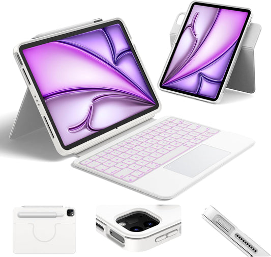 HOU iPad Air 11 Case with Keyboard (M3 2025, M2 2024) Detachable Rotatable Magnetic Full Protection Case, 7-Color Backlight, Touchpad, Elastic Pen Holder for iPad Pro 11 (4th-1st) & Air (5/4th)–White