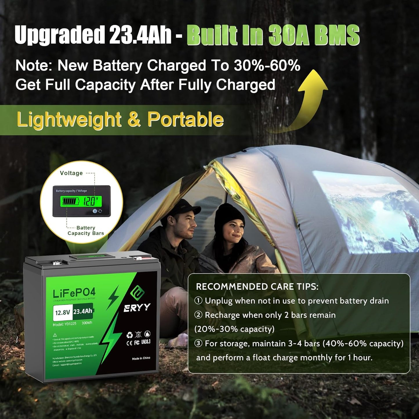 12V 23.4Ah(30A BMS) LiFePO4 Lithium Deep Cycle Battery With 30A BMS & Voltage Indicator, 12 Volt Battery Lithium Iron Phosphate for Fish Finder, Ham Radio, Solar, Scooters, Power Wheels, RV, Camp