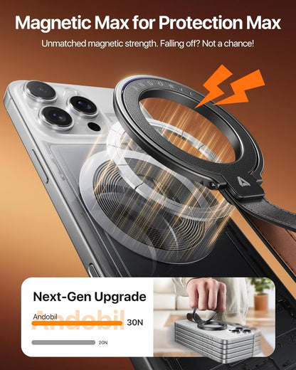 andobil[2025 Premium Leather] Magnetic Phone Grip for MagSafe[Unrivaled Stability] Adjustable Phone Ring Kickstand with Leather Loop Compatible with MagSafe Accessories&iPhone 16/15/14/13,Dark Black