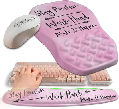 2-in-1 Ergonomic Set, Wave Keyboard Wrist Rest and Massage Slope Mouse Pad Wrist Support, Rebound Memory Foam for Relieve Carpal Tunnel Syndrome and Wrist Pain (Stay Positive)