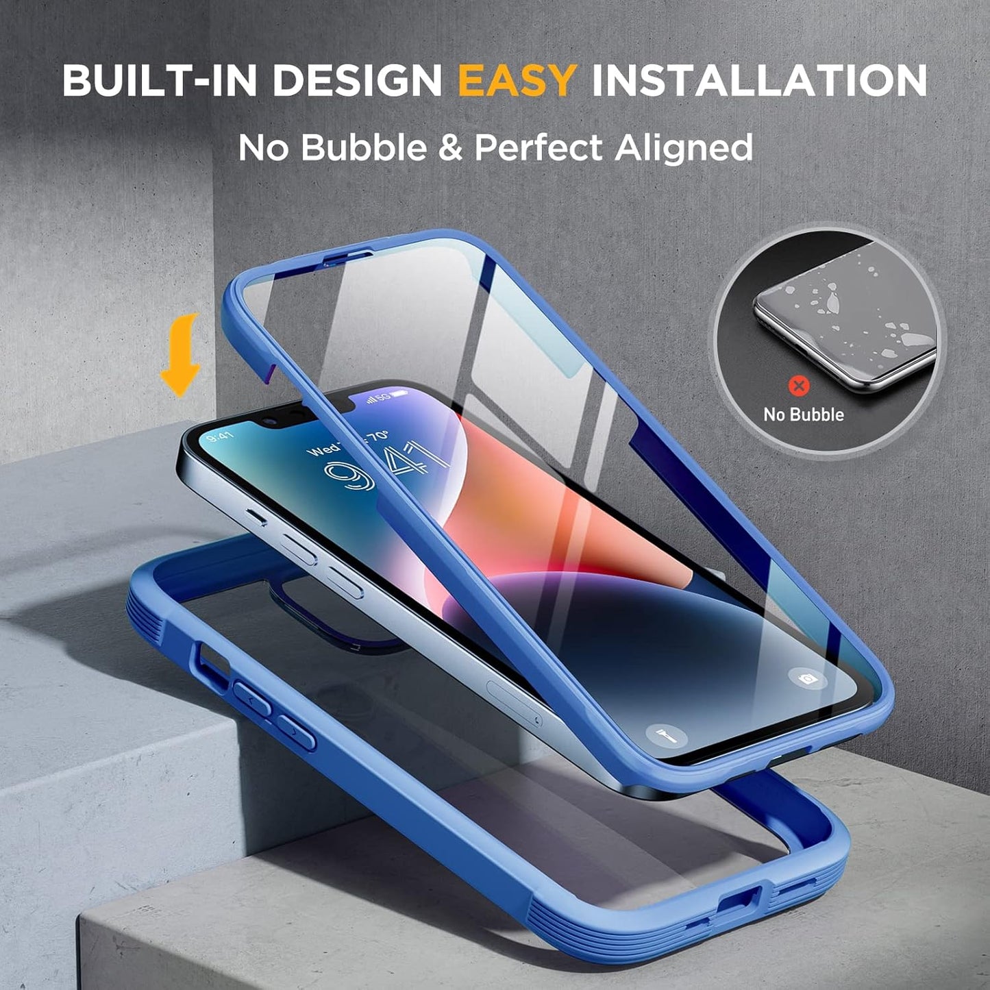 Miracase Glass Series for iPhone 14 Case 6.1 inch, [Built-in Tempered Glass Screen Protector] [Bubble Free] Full-Body Protective Bumper Phone Case with Camera Lens Protector, Blue