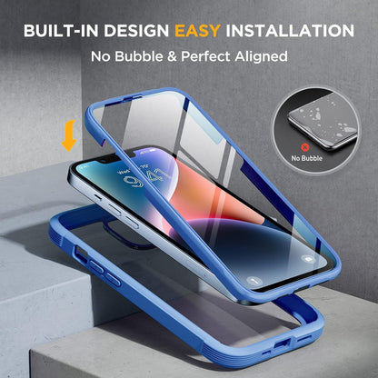 Miracase Glass Series for iPhone 14 Case 6.1 inch, [Built-in Tempered Glass Screen Protector] [Bubble Free] Full-Body Protective Bumper Phone Case with Camera Lens Protector, Blue