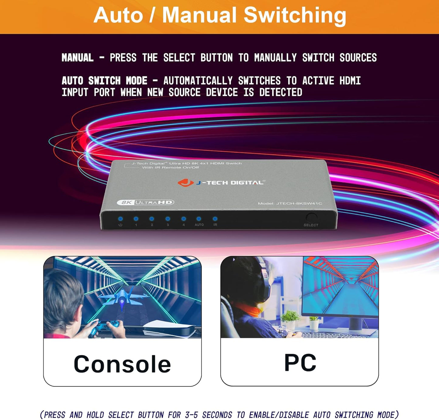 J-Tech Digital HDMI Switch 4K 120hz, 2.1 Switch 4 in 1 Out, 8K 60Hz 1080P 240Hz IR Remote Auto Switch USB C Power Cable, Compatible with HDR & Dolby Vision ALLM VRR QFT [JTECH-8KSW41C]