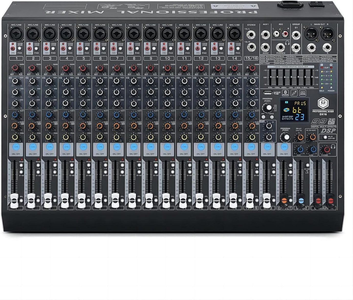 W IN-MIX DX16 Professional DJ Audio Mixer 16 Channel with 99 DSP Effects,7-band EQ,Independent 48V Phantom Power&Mute Button,Bluetooth Function,USB Interface Recording For Studio & Stage