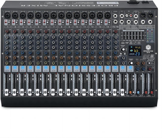 W IN-MIX DX16 Professional DJ Audio Mixer 16 Channel with 99 DSP Effects,7-band EQ,Independent 48V Phantom Power&Mute Button,Bluetooth Function,USB Interface Recording For Studio & Stage