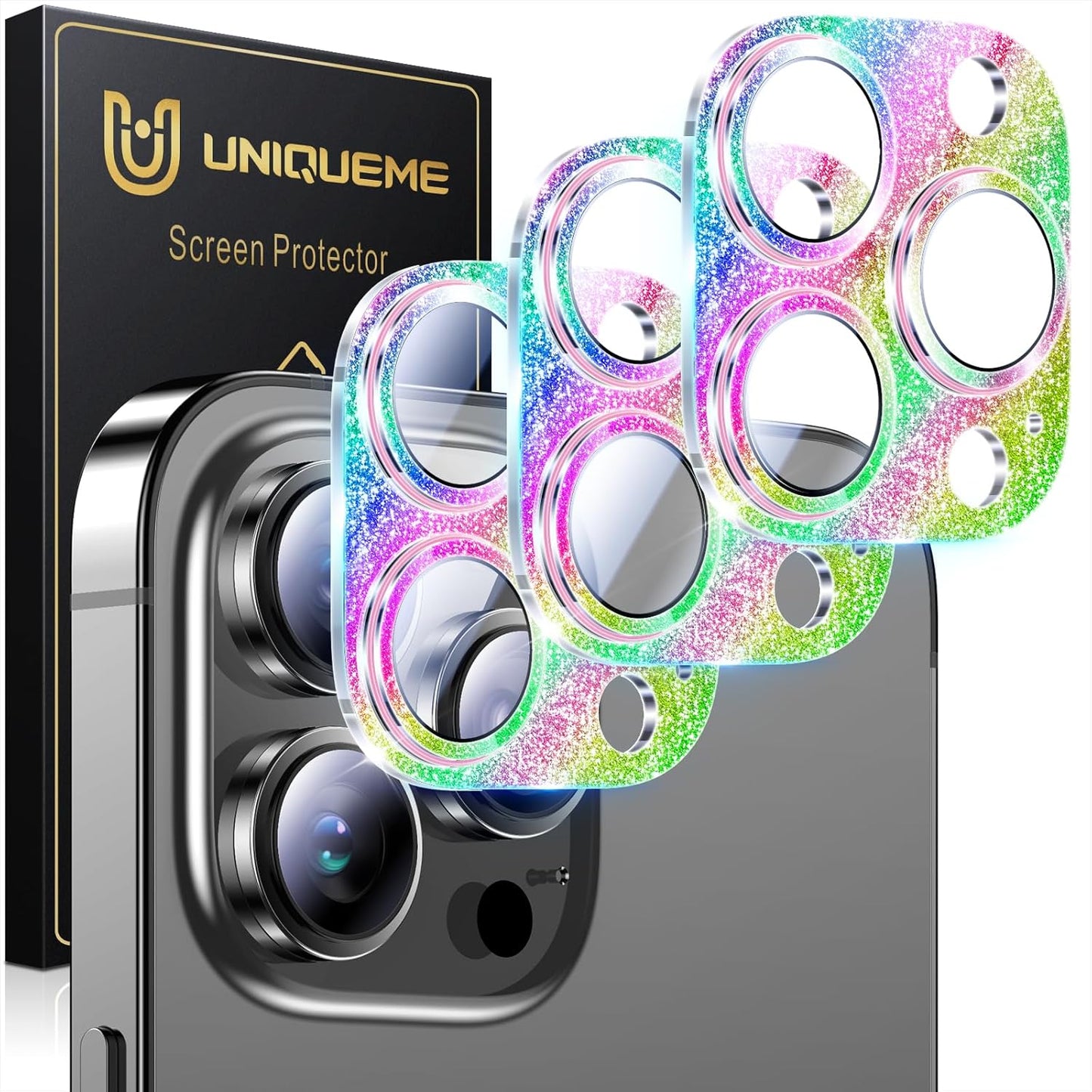 UniqueMe 3 Packs Compatible for iPhone 14 Pro Max/iPhone 14 Pro Camera Lens Protector Acrylic [Not Glass],[Case Friendly][Scratch-Resistant][Night Shooting Mode]-Glitter Colorful