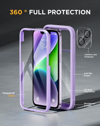 Miracase Designed for iPhone 14 Case 6.1 inch, [Built-in Tempered Glass Screen Protector] [Bubble Free] Full-Body Protective Bumper Phone Case with Camera Lens Protector, Purple