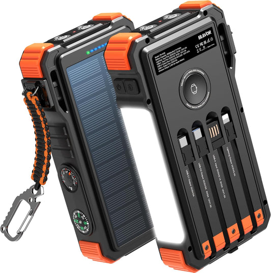 BLAVOR Solar Power Bank 20000mAh/74000mWh Built-in Cables, Wireless Charger for Apple Watch, 20W Fast Charging Battery Pack with USB C, Flashlight, Solar Charger for iPhone, iPad, iWatch, Samsung