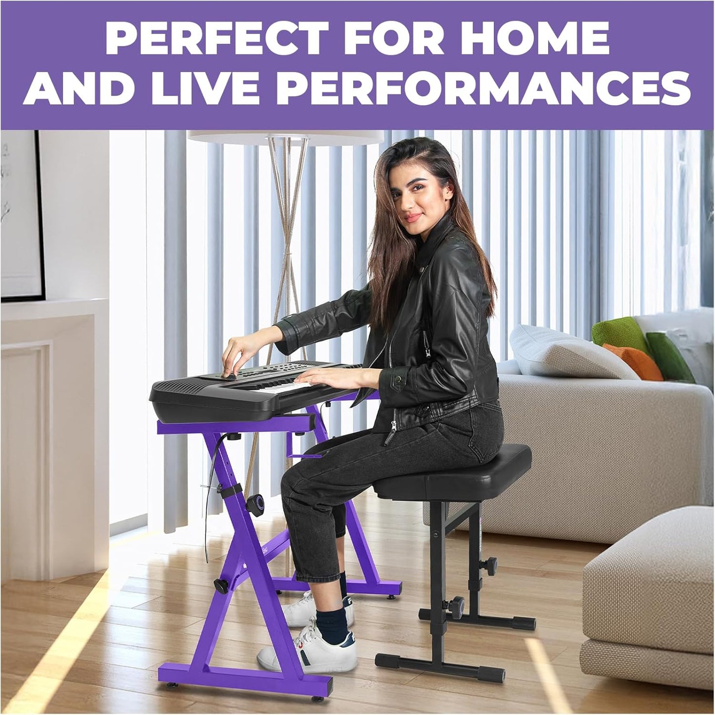 Liquid Stands Portable Heavy Duty Digital Piano Stand & Bench Set - Adjustable Keyboard Music Stand & Seat for 54-88 Key Electric Pianos (Purple)
