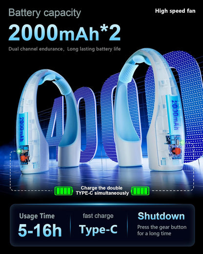 AI Neck Fan, 4 Speeds Adjustable Portable Personal Fan Rechargeable, 4000 mAh Battery Faster Cooling Wearable Fan, Ultra Quiet for Home, Office, Travel, Outdoor - White Blue