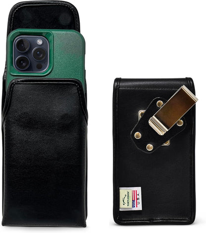 Turtleback Belt Clip for iPhone 16 Pro Max, 15 Pro Max, 14 Pro Max -Medium- Fits w/Shockproof Commuter Style Cases, Premium Black Leather Vertical Belt Holder, Magnetic Closure HD Rotating Clip