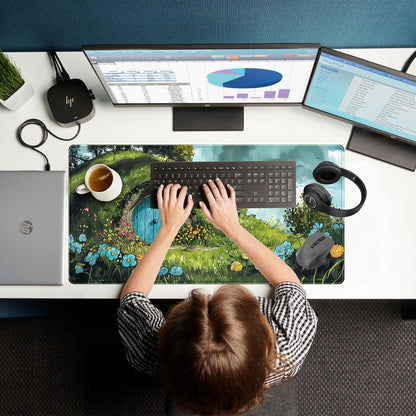 Cute Landscape Cartoons Desk Mat Aesthetic Gaming Mouse Pad XXL Large Extended Green Sage Desk Pad, Laptop Keyboard and Mouse Mat, Computer Desktop Mat Playmat, Women Desk Decor Pad 31.5x15.7 in