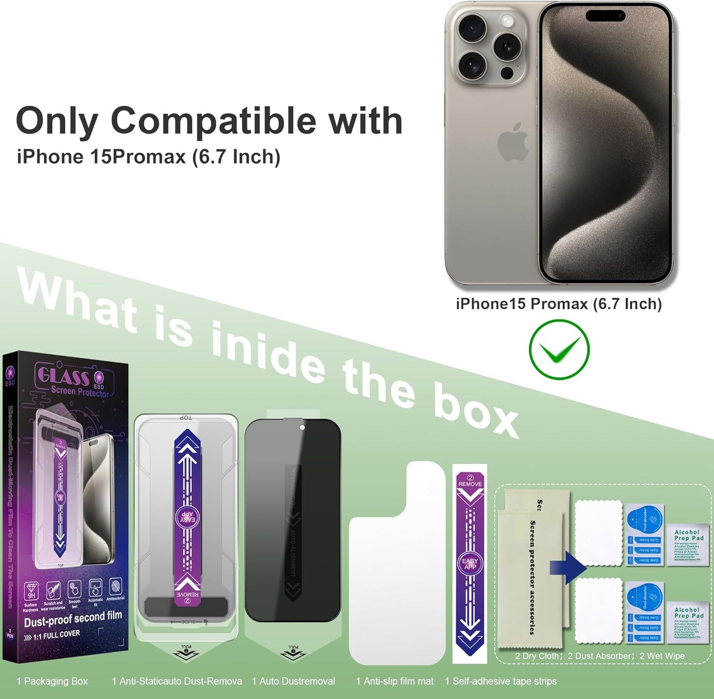 2 Pack Privacy Screen Protector for iPhone 15 Pro Max 6.7-Inch Auto Dust Removal, No Bubbles,Anti-Spy Tempered Glass Film, Easy Installation