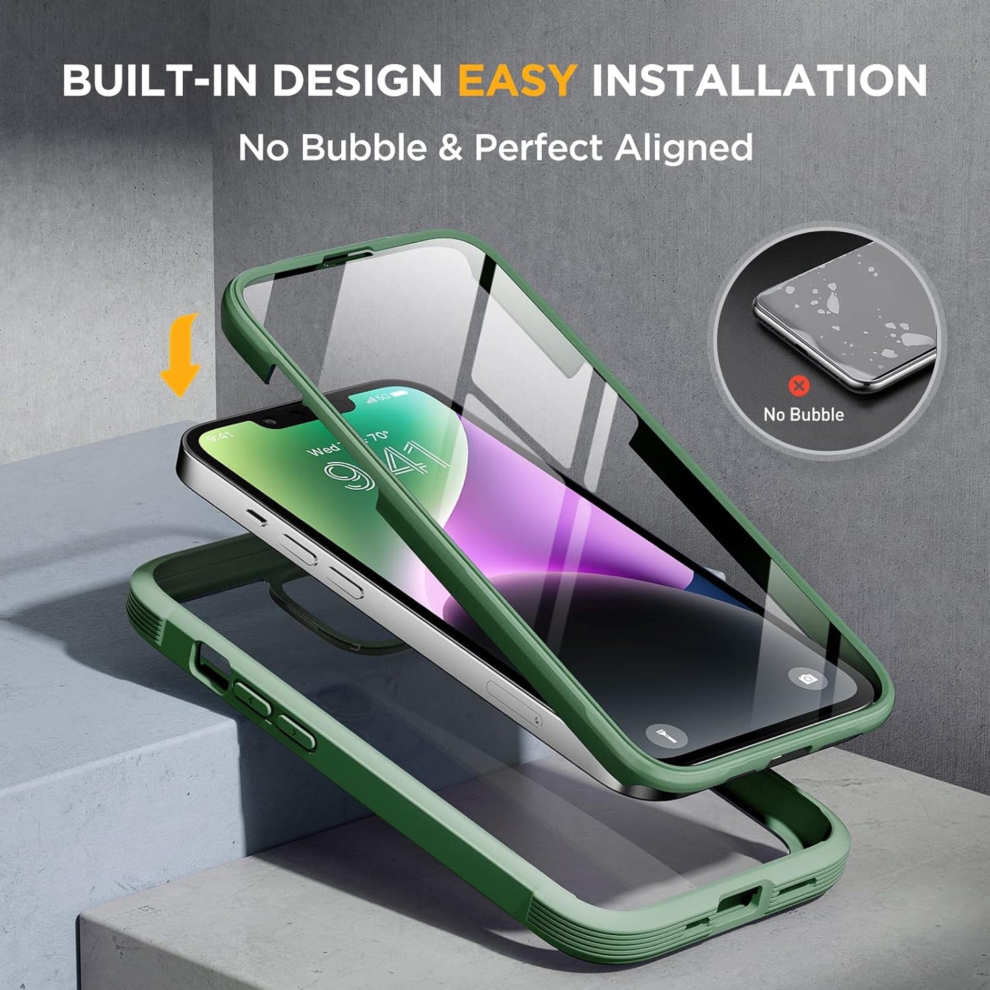 Miracase Glass Series Designed for iPhone 14 Plus Case 6.7 inch, 2023 Upgrade Full-Body Clear Bumper Case with Built-in 9H Tempered Glass Screen Protector and Camera Lens Protector,Green