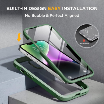 Miracase Glass Series Designed for iPhone 14 Plus Case 6.7 inch, 2023 Upgrade Full-Body Clear Bumper Case with Built-in 9H Tempered Glass Screen Protector and Camera Lens Protector,Green