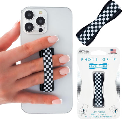 LOVEHANDLE Universal Phone Grip for Smartphones & Mini Tablets - Phone Holder for Hand - Wireless Charging Compatible - Made in The USA - Black and White Checkered