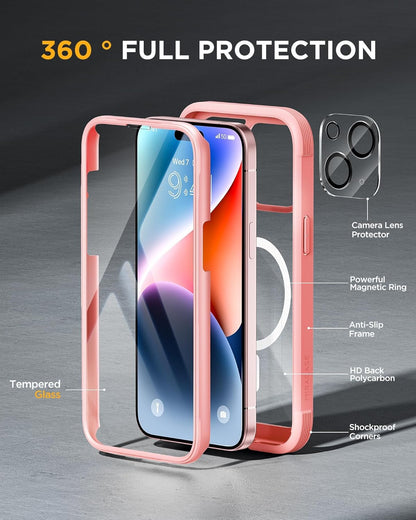 Miracase Glass Series for iPhone 15 Case [Compatible with MagSafe] Full-Body Magnetic Case with Built-in 9H Tempered Glass Anti-Fingerprint Screen Protector + Camera Lens Protector, Baby Pink