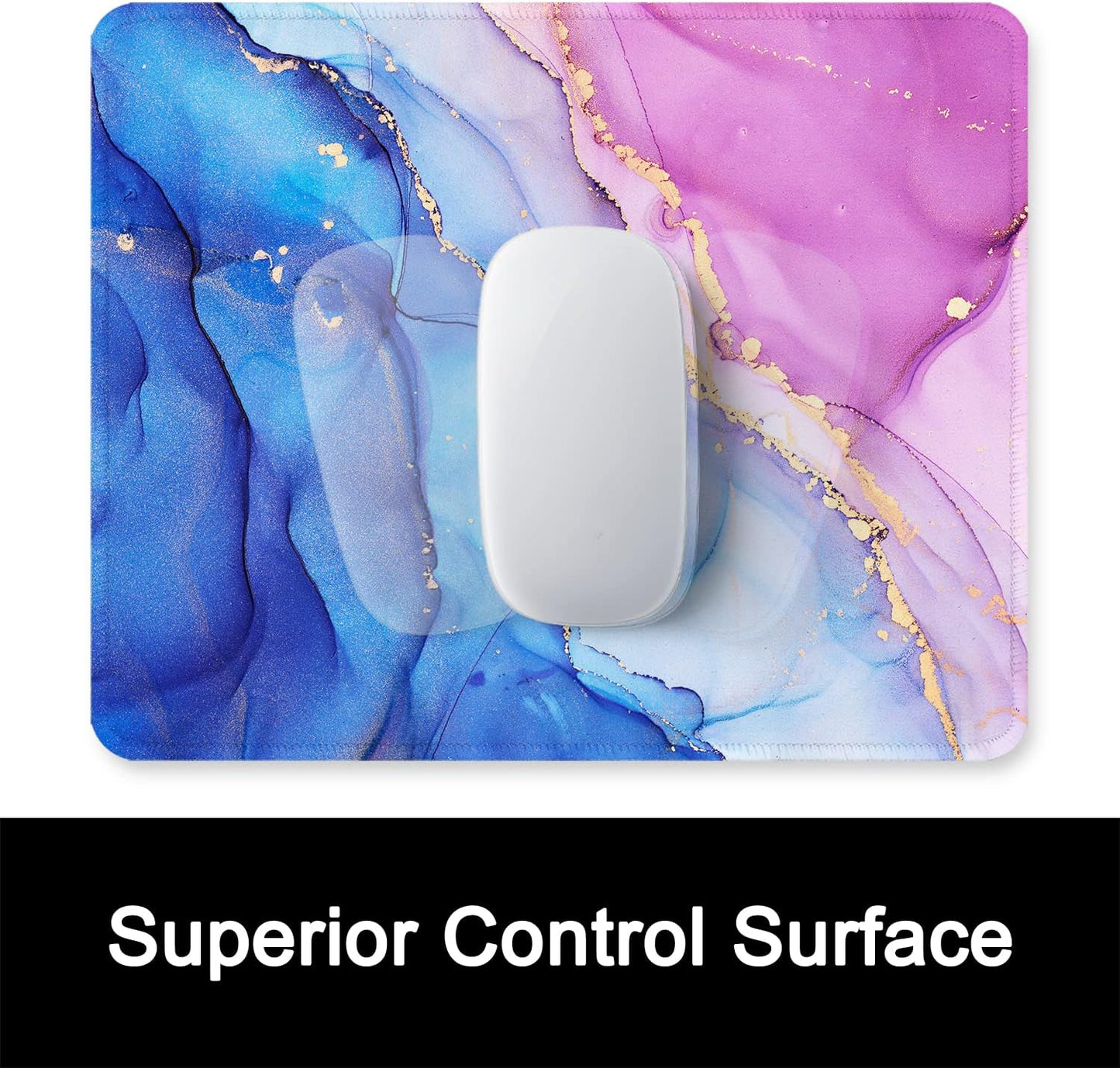 ITNRSIIET Mouse Pad with Stitched Edge Premium Textured Smooth Precise Operation Waterproof Washable Non-Slip Rubber Base Desktop Protection Mat, 10.2×8.3×0.12 inches, Blue Purple Marble Art