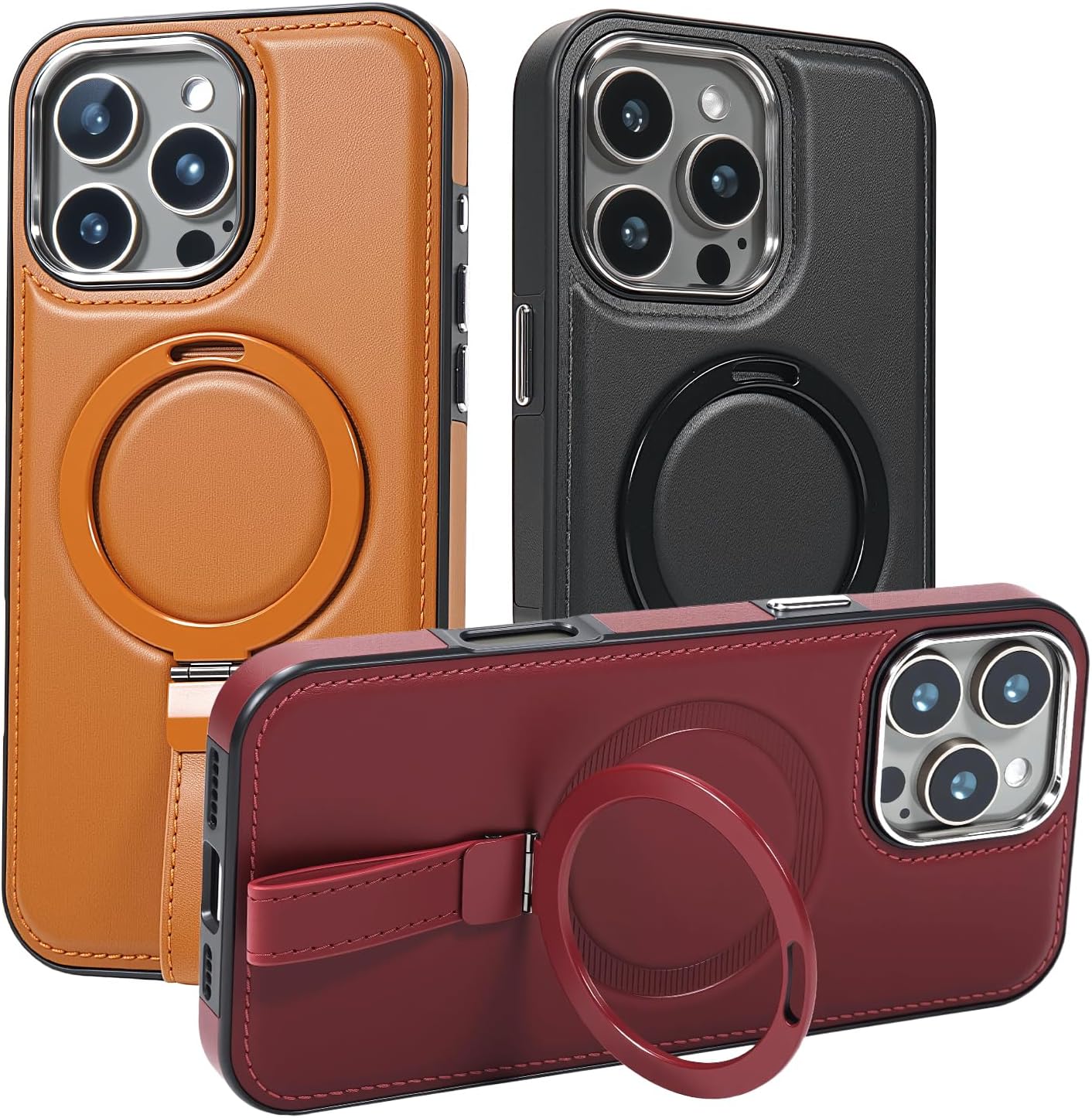 Leather Case, Suitable for iPhone 15 Pro Max Case, Invisible Magnetic Design, Equipped with a Lanyard and Foldable Stand, Black, Yellow and red (Yellow, iPhone 15 Pro Max)