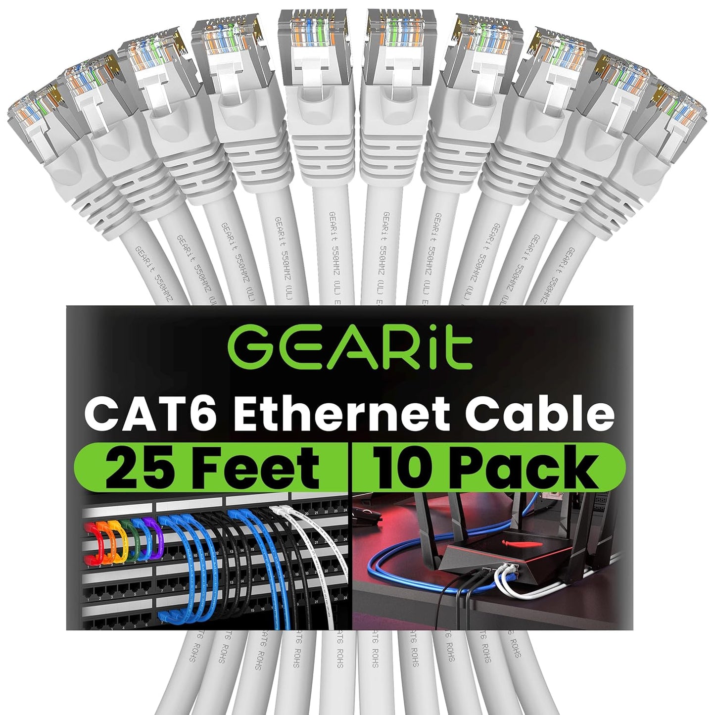 GEARit Cat 6 Ethernet Cable (10-Pack 25 Feet) Cat6 Network Patch, 10Gbps, RJ45, Snagless Cord, Gold-Plated Connectors, Internet for PC, TV, Tablet, Router, Printer, Servers, IT Data Center - White