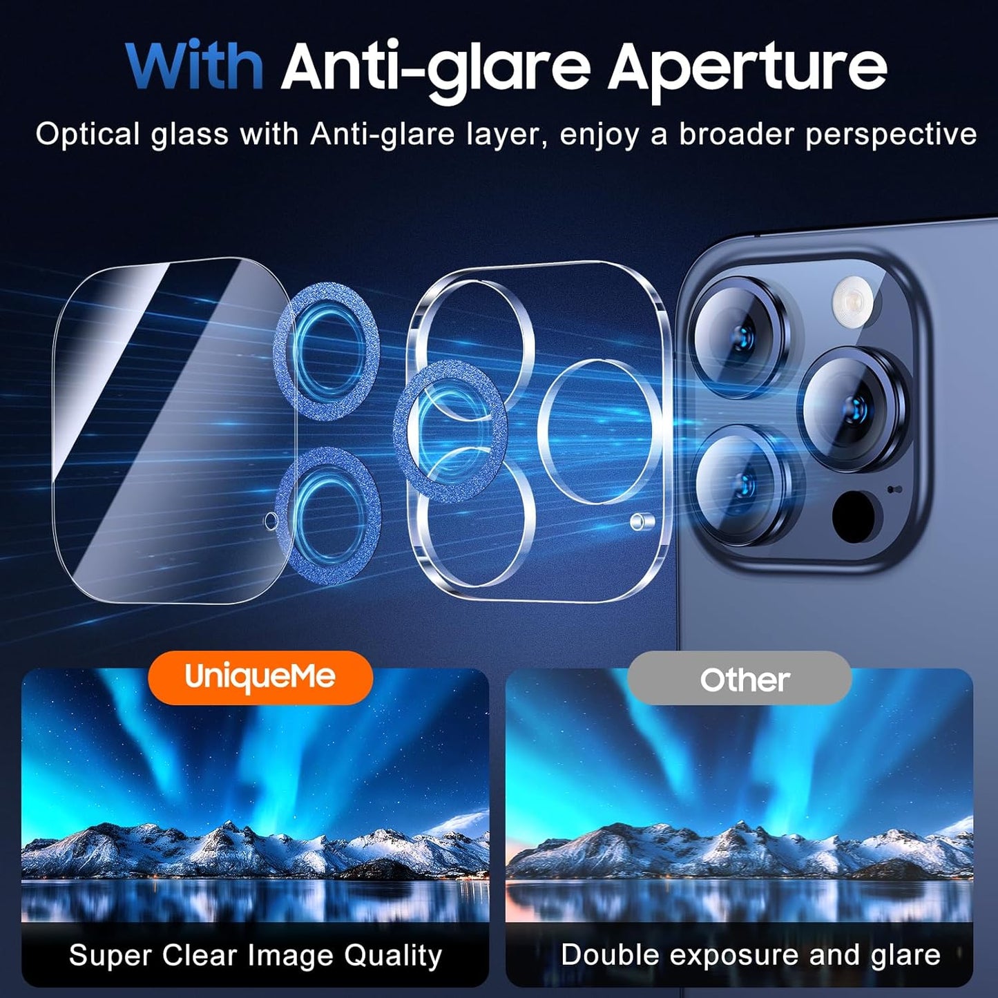 UniqueMe for 3 Pack iPhone 15 Pro/iPhone 15 Pro Max Camera Lens Protector, [Drop Protection] [Case Friendly] 9H+ Tempered Glass Camera Cover Screen [Update New Version] - Glitter Blue