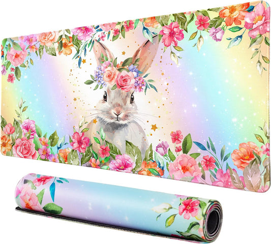 Lokigo Cute Rabbit Desk Pad, Gaming Mouse Pad 31.5"x15.7", Waterproof Big Mouse Pad for Desk Rubber Base Desk Matt with Stitched Edges Keyboard Mousepad for Laptop, Game, Work, Study, Bunny