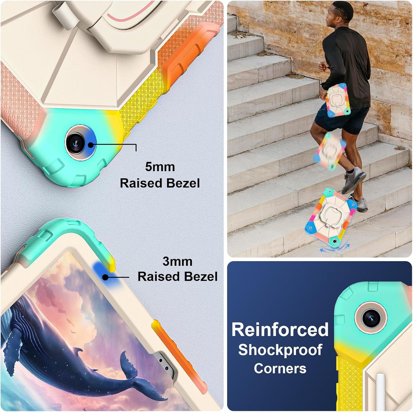 for Galaxy Tab A9 Plus Case 11 Inch, Rugged Case for Samsung Galaxy A9+ Tablet with Screen Protector 360 Rotating Stand Shoulder Strap Pen Holder, 2023 Model(SM-X210/X216/218), Rainbow