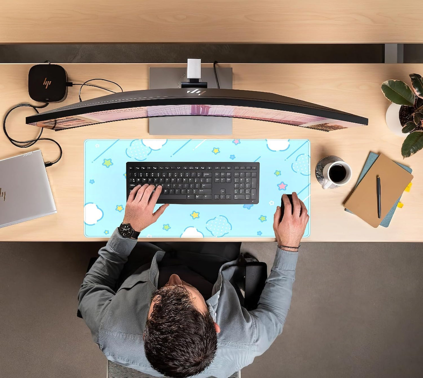Kawaii Pastel Blue Star Grid Desk Pad, Large Gaming Mousepad & Keyboard Mat, XXL Office Desk Decor for Women, 31.5"x15.75"
