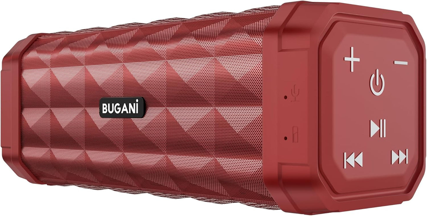 BUGANI Bluetooth Speaker Portable Wireless Speaker, 100ft Wireless Range, Louder Volume, Stereo Sound, Amazing Bass 24H Playtime, IPX5, Built-in Mic, Waterproof Speaker for Home, Outdoor, Red