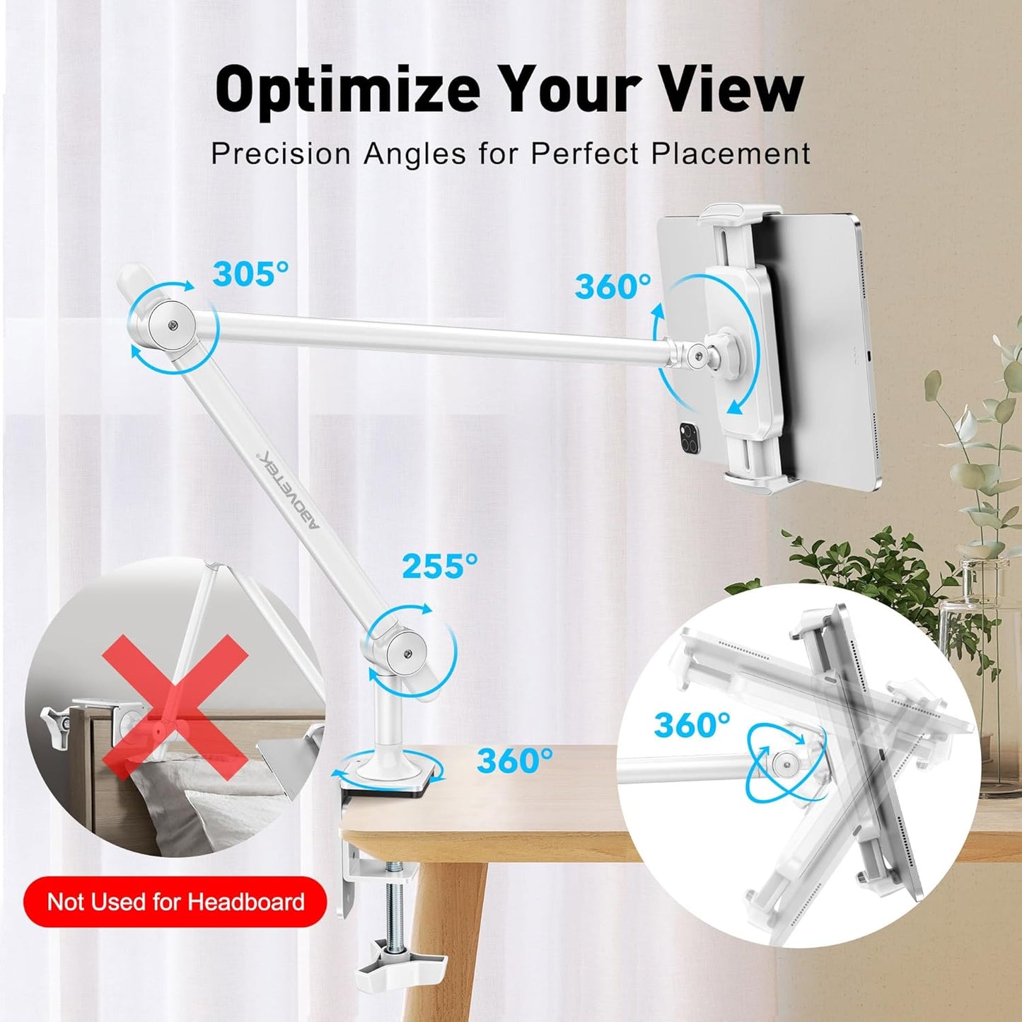 AboveTEK Tablet Stand Holder, Aluminum iPad Holder for Desk & Bed, Adjustable iPad Arm Clamp Mount with 360° Rotation, Overhead Compatible with 4.7"-13.5" iPads Pro/Air/Mini, iPhone, Galaxy Tab- White