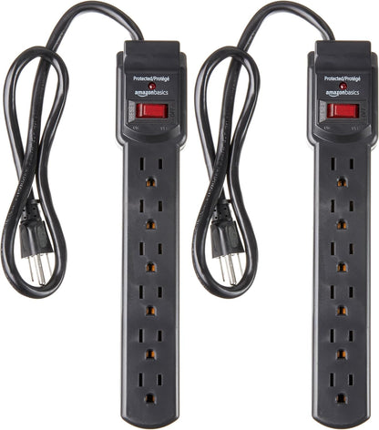 Amazon Basics Surge Protector Power Strip, 6-Outlet with 200J Protection, 2ft Extension Cord, Rectangle, Black (2 Pack)