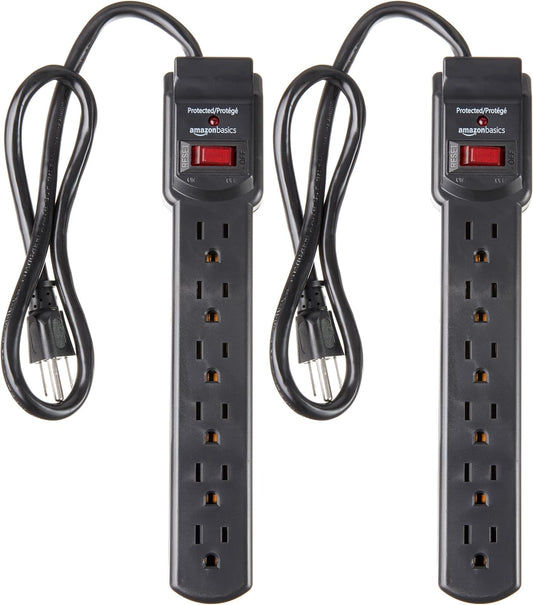 Amazon Basics Surge Protector Power Strip, 6-Outlet with 200J Protection, 2ft Extension Cord, Rectangle, Black (2 Pack)