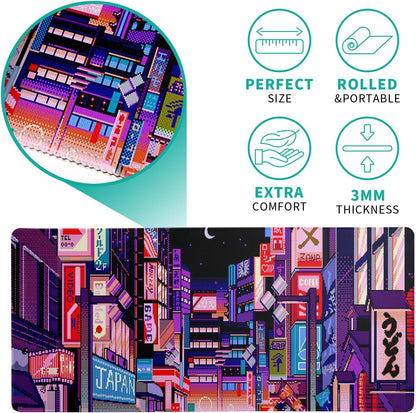 Dark Purple Japanese Gaming Mouse Pad Abstract Anime Mat 31.5x11.8 Inch Tokyo Pixel Street Texture Non-Slip Rubber Base Kawaii Mousepad Stitched Edges Keyboard Desk Pad for Office and Home Game