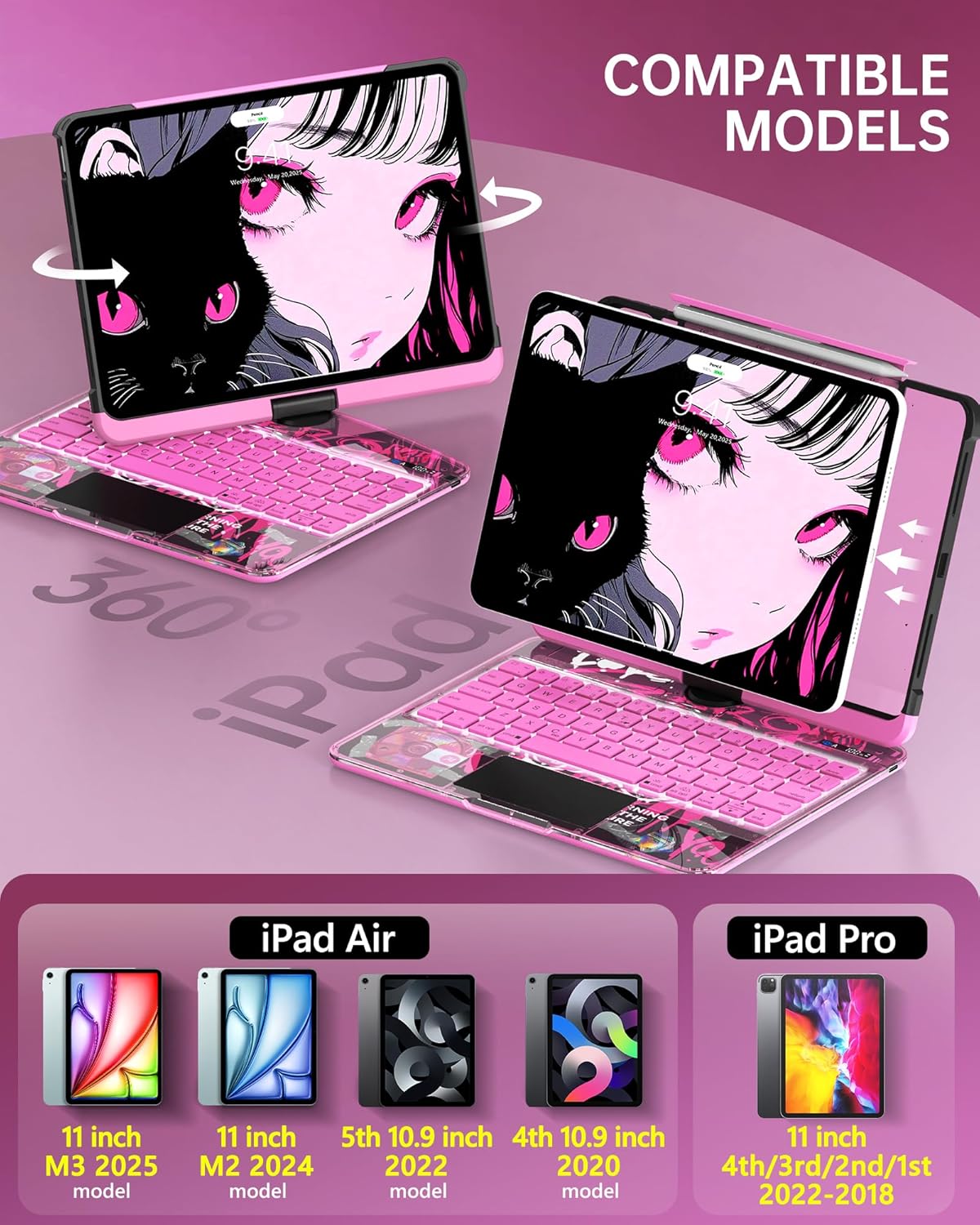 Intermerge Clear Keyboard Case for iPad Air 11" (M3/M2, 2025/2024), Air 5th/4th, Pro 11" 2022-2018, 360° Swivel Multi-Touch Trackpad, 7-Color Backlit, Pencil Holder, Type-C, Blush Pulse