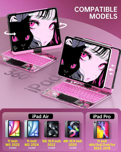 Intermerge Clear Keyboard Case for iPad Air 11" (M3/M2, 2025/2024), Air 5th/4th, Pro 11" 2022-2018, 360° Swivel Multi-Touch Trackpad, 7-Color Backlit, Pencil Holder, Type-C, Blush Pulse