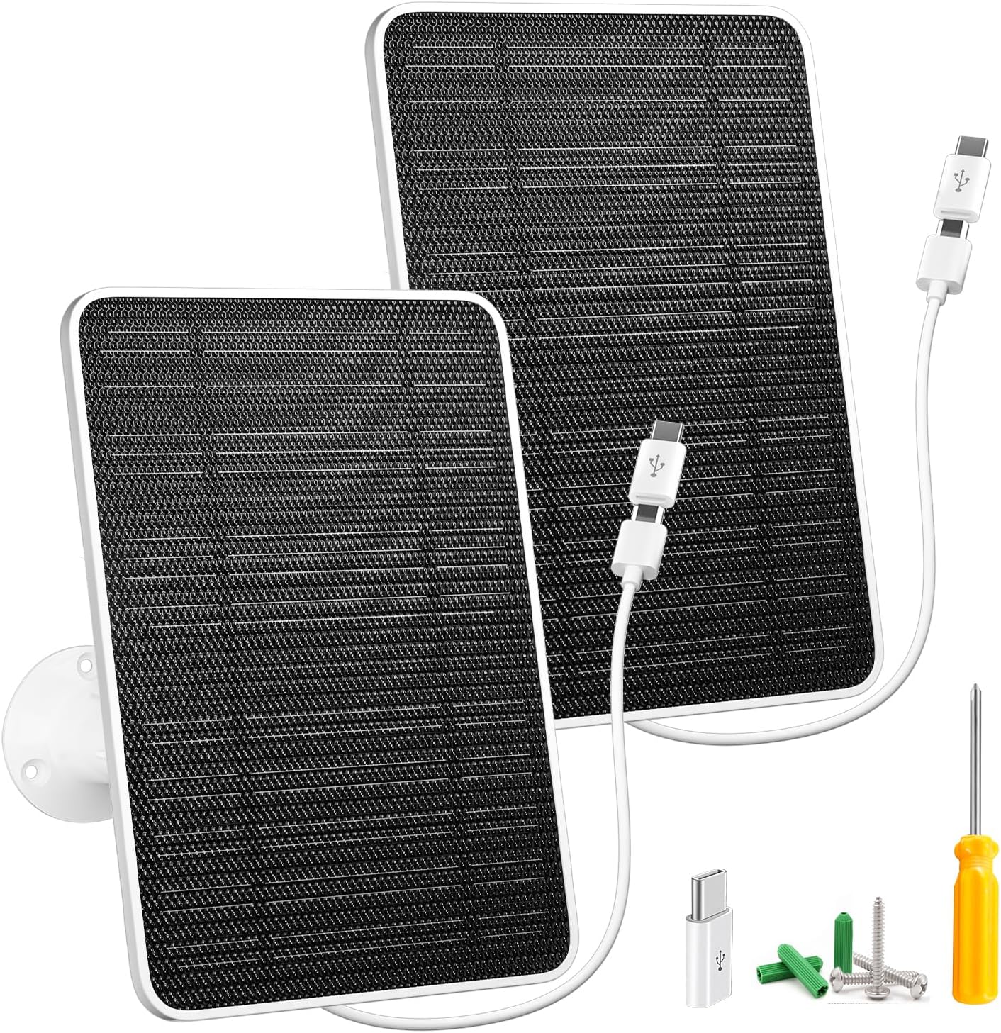 Solar Panel for Security Camera, 5W USB Solar Panel for DC 5V Security Camera, Micro USB & USB-C Port Solar Panel, IP65 Waterproof Solar Charger for Camera,360° Adjustable Mounting 13ft Cable, 2 Pack