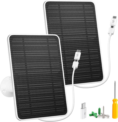 Solar Panel for Security Camera, 5W USB Solar Panel for DC 5V Security Camera, Micro USB & USB-C Port Solar Panel, IP65 Waterproof Solar Charger for Camera,360° Adjustable Mounting 13ft Cable, 2 Pack