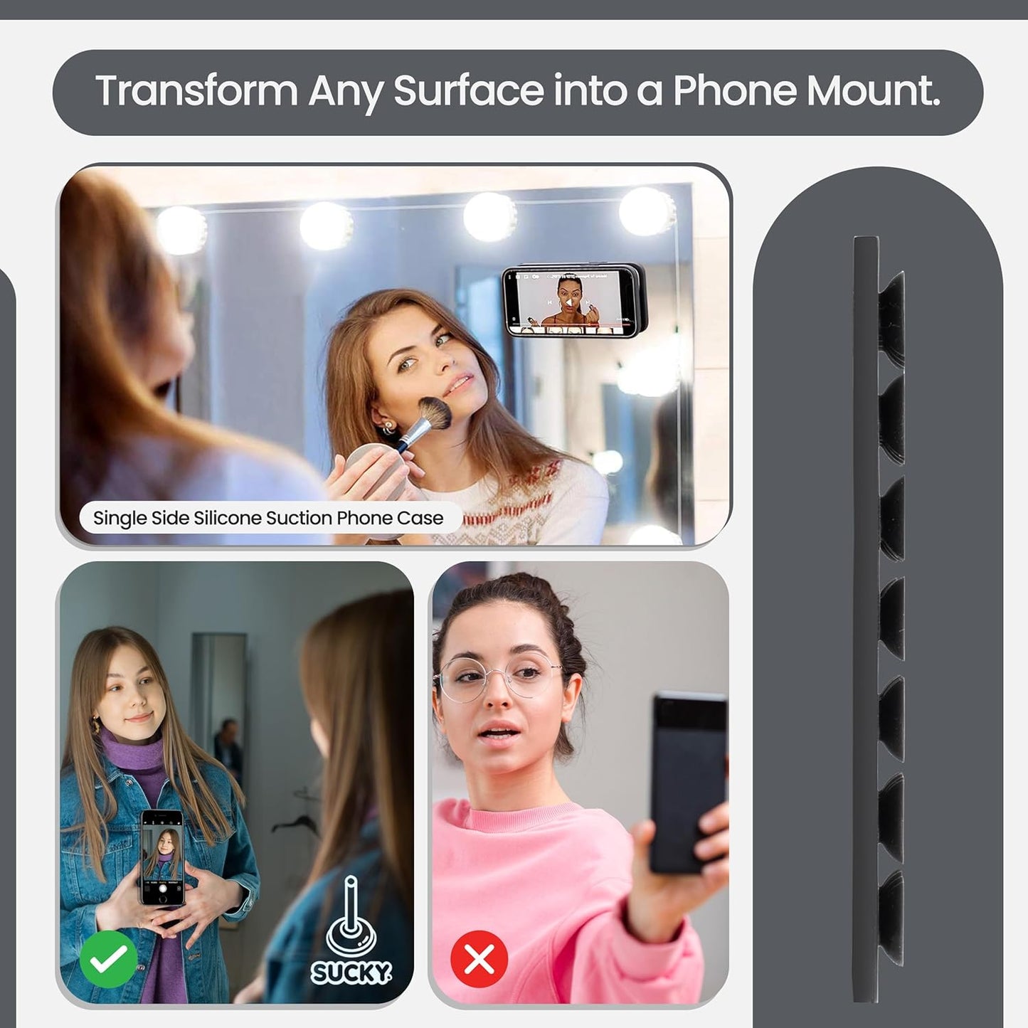 SUCKY Silicone Suction Phone Case Adhesive Mount - Anti-Slip Holder, Hands-Free Fidget Toy, Phone Accessory for iPhone and Android (Deep Black, Single Sided)