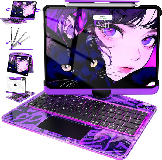 Intermerge for iPad 9th 10.2 inch Keyboard Case, 360° Transparent Multi-Touch Trackpad, 7-Color Backlit Keyboard, Pencil Holder, Type-C, Power Indicator for 9th/ 8th/ 7th - Neon Pulse