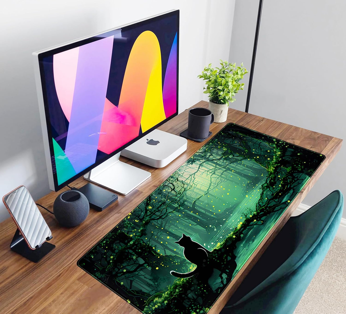Kawaii Green Forest Desk Pad Mouse Pad Cute Black Cat Desk Mat, XXL Extended Anime Cats Large Gaming Mousepad, Computer Keyboard and Mouse Deskpad Decor Deskmat with Stitched Edges Mat 31.5x15.7 in