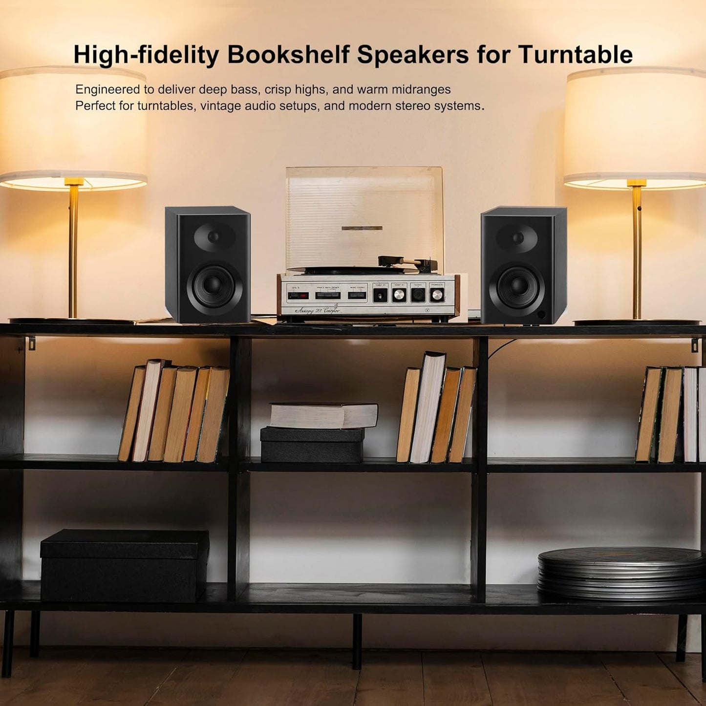 Bookshelf Speakers with Deep Bass, 80W Peak Output HiFi Gaming Computer Speakers, 4" Desktop Audio System for Home Office Desktop PC, Home Entertainment, Turntable, Pair, Black