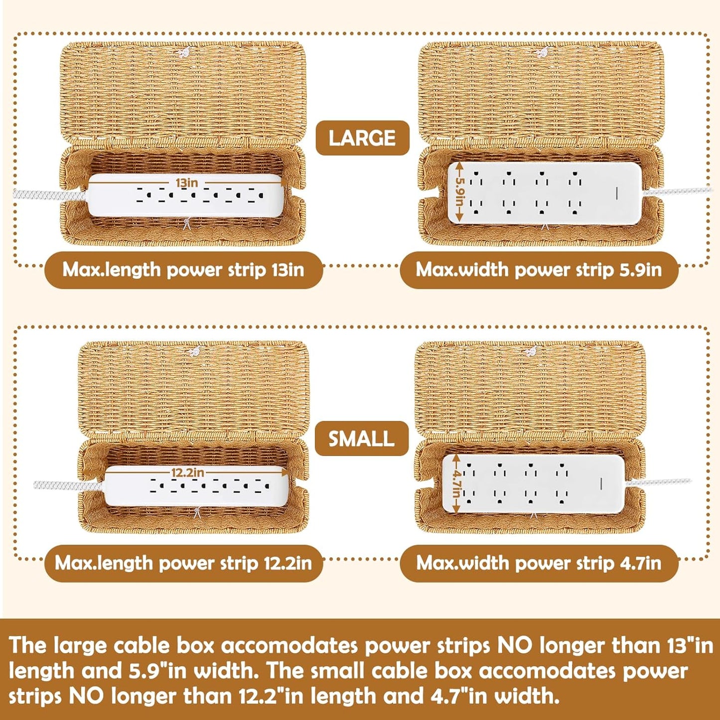 2PCS Cable Management Box, Handmade Rattan Cable Organizer, Open Slots Cords Hider Box, Under Desk Cord Organizer for Computer Router USB Hub & Power Strip