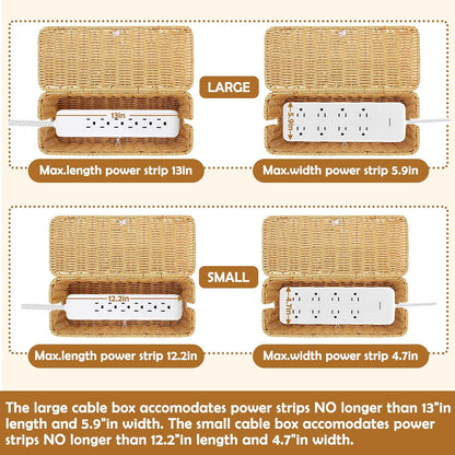 2PCS Cable Management Box, Handmade Rattan Cable Organizer, Open Slots Cords Hider Box, Under Desk Cord Organizer for Computer Router USB Hub & Power Strip