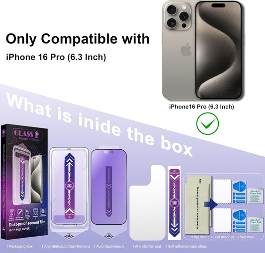 2 Pack Anti Blue Light Matte Screen Protector for iPhone 16 Pro 6.3-Inch Auto Dust Removal, No Bubbles, Tempered Glass Film, Easy Installation