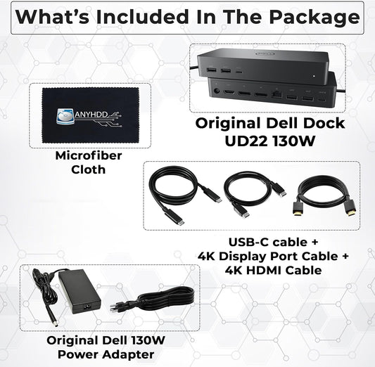 UD22 Dell Docking Station Dual Monitor Bundle - USB-C/USB-A Universal Dell Dock for Laptops with 130W Adapter + 4K HDMI Cable + 4K DisplayPort + USB-C Cable + Microfiber Cloth - Supports 4K Display