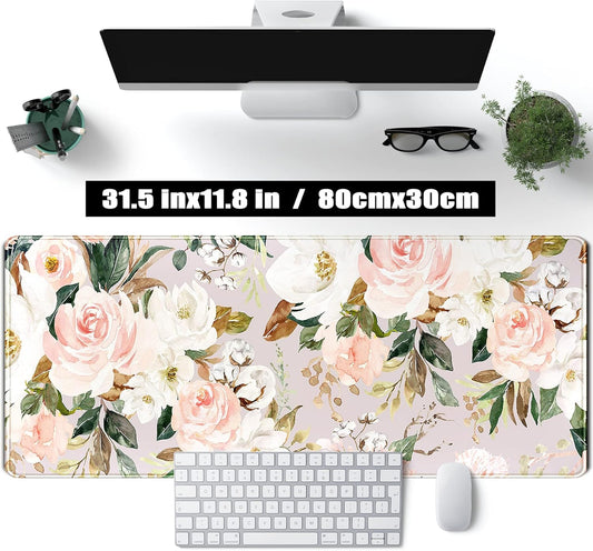 Pink Flowers Keyboard Pad PC Gaming Desk Mat Desk Mouse Pads Green Leaves Floral Mouse Pad Large, Computer XL Big Mousepad Deskpad Mat with Stitched Edge for Women Home Office Decor 31.5x11.8 in