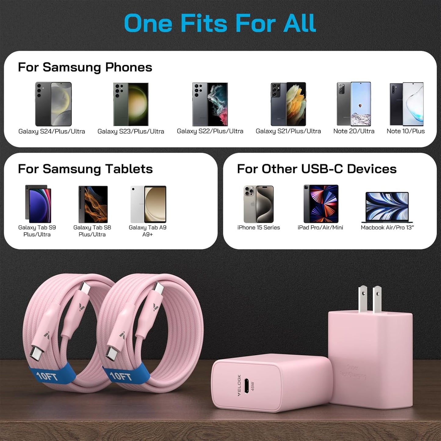45W Super Fast Charger USB C, 45 Watt Type-C Android Phone Charger Fast Charging Block with 10FT Type C Cords for Samsung Galaxy S25 Ultra/S24 Ultra/S24+/S23 Ultra/S22 Plus/S20, Tab S9/S8 Ultra(Pink)
