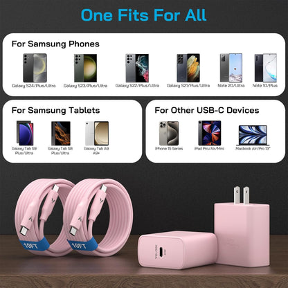 45W Super Fast Charger USB C, 45 Watt Type-C Android Phone Charger Fast Charging Block with 10FT Type C Cords for Samsung Galaxy S25 Ultra/S24 Ultra/S24+/S23 Ultra/S22 Plus/S20, Tab S9/S8 Ultra(Pink)