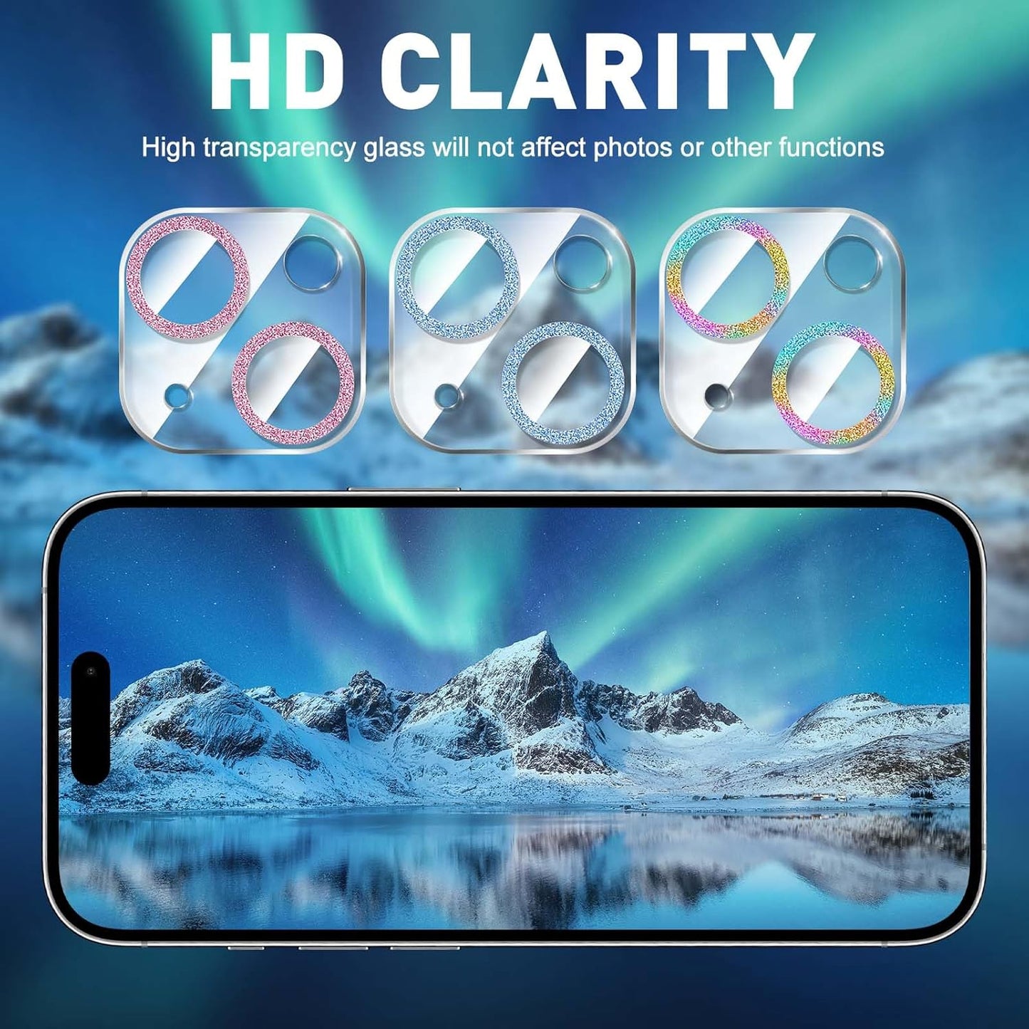 LucBuy 3PCS Sparkling Camera Lens Protector for iPhone 15/iPhone15 Plus, Full Clear Acrylic Cover with Shiny Colorful Glitter Designed Decoration Back Camera Protector